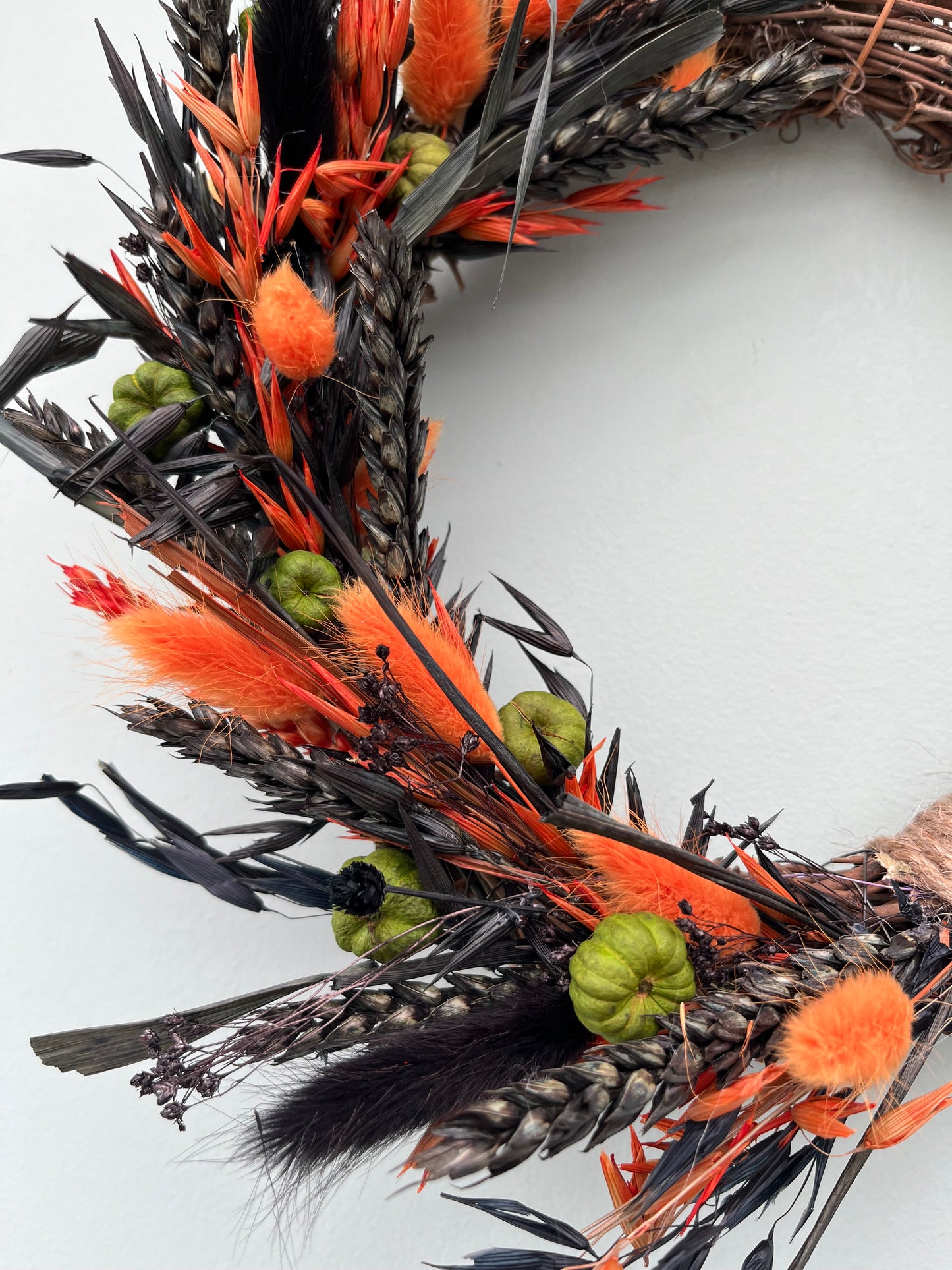 Dried Flower Halloween Wreath with Pumpkins
