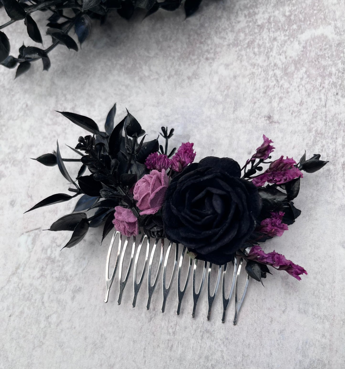 Gothic style black & purple flower hair comb