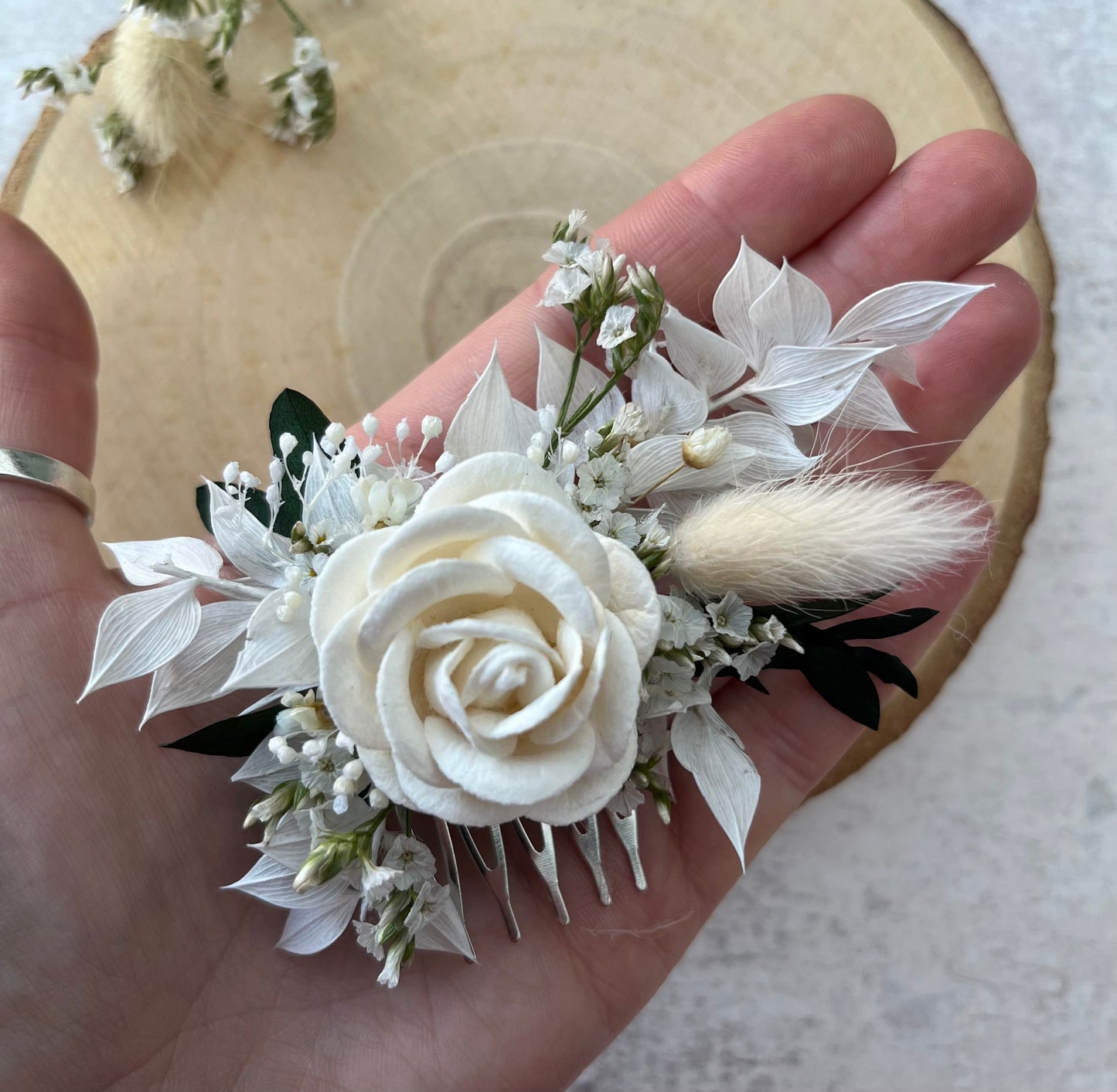 Ivory and White Dried Flower Hair Comb