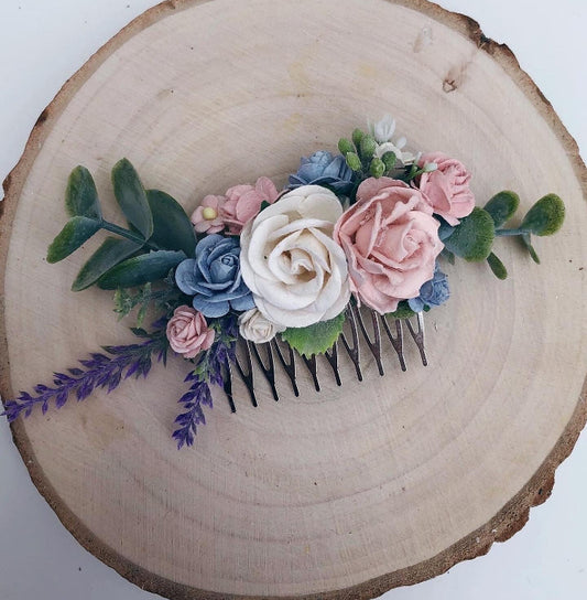 Blush blue and white flower hair comb