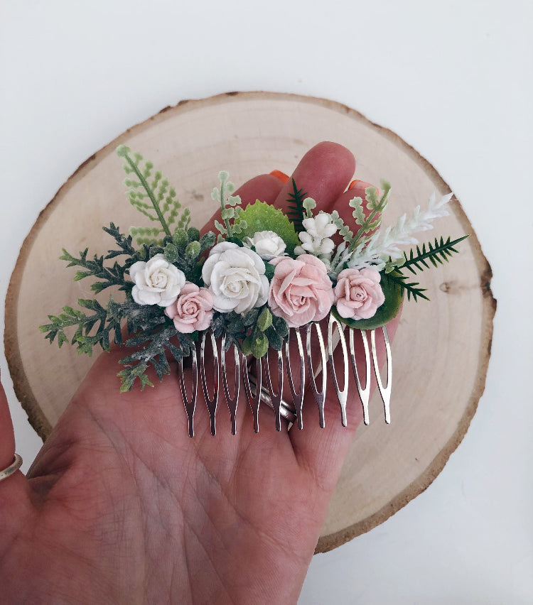 Blush Pink and White Flower Hair Comb