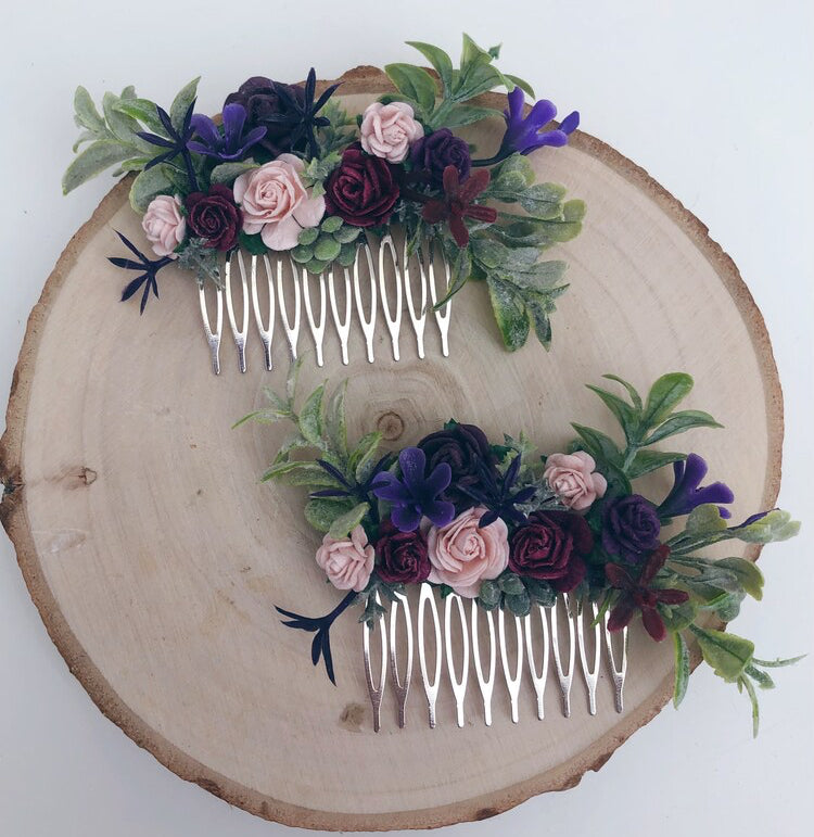 Purple, Blush and Burgundy Flower Hair Comb