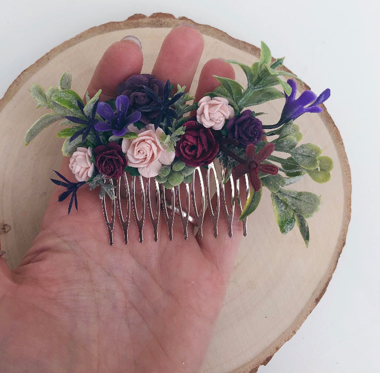 Purple, Blush and Burgundy Flower Hair Comb