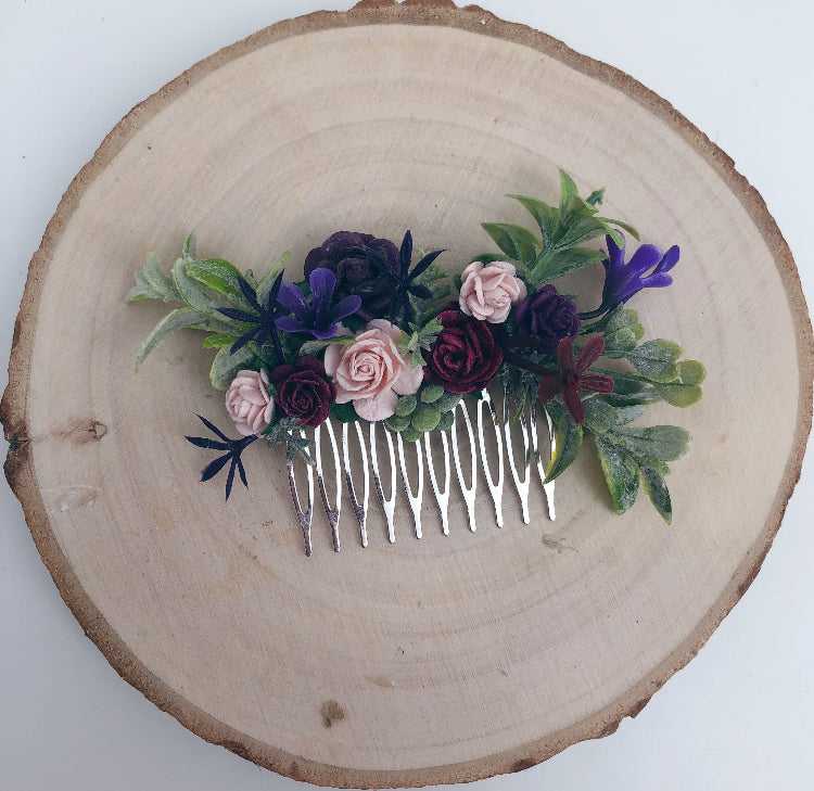 Purple, Blush and Burgundy Flower Hair Comb