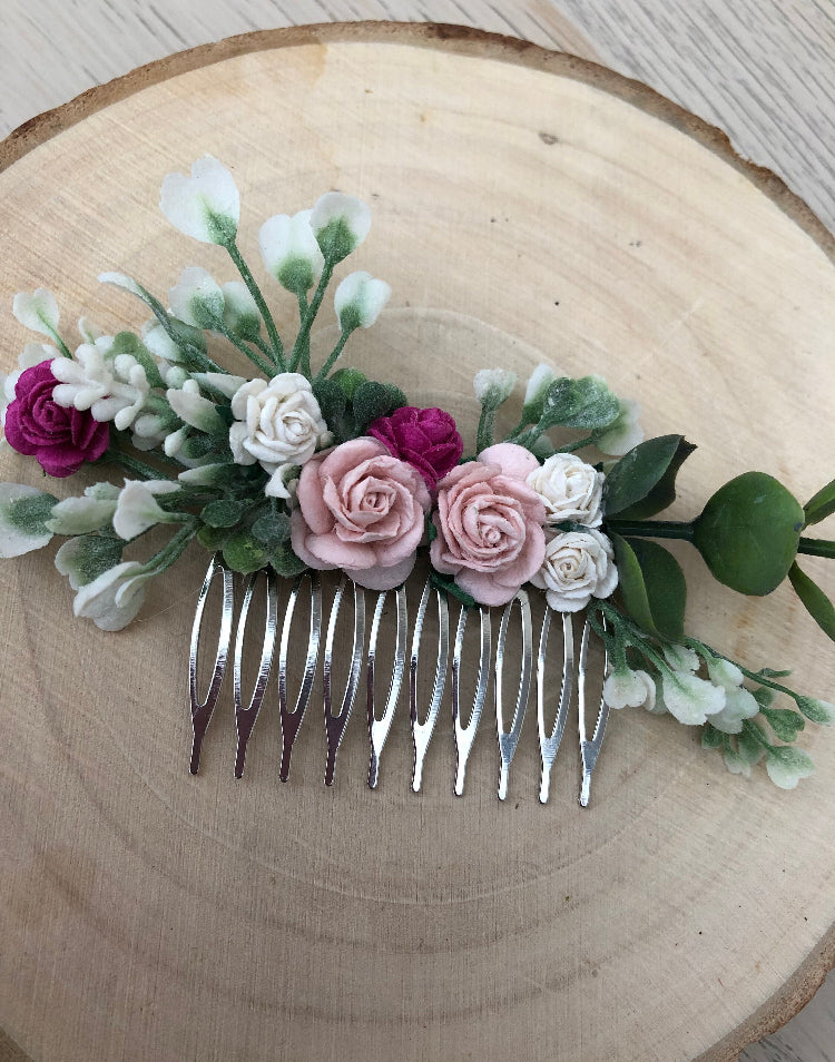 Blush, White and Bright Pink Flower Hair Comb