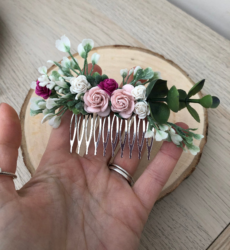 Blush, White and Bright Pink Flower Hair Comb