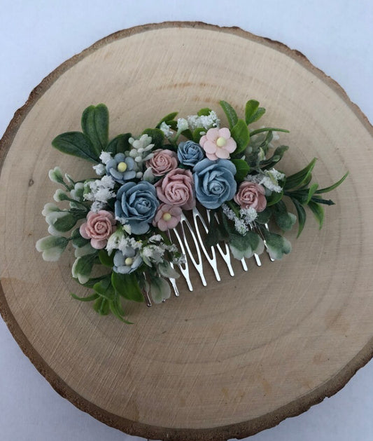 Blush and blue bridal wedding flower hair comb