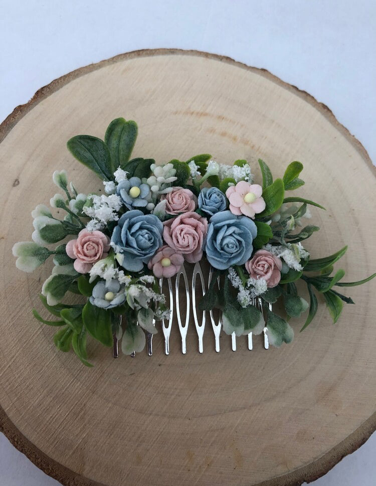 Blush Pink And Blue Flower Hair Comb