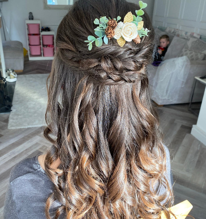 Ivory Winter Flower Hair Comb with Pine Cones