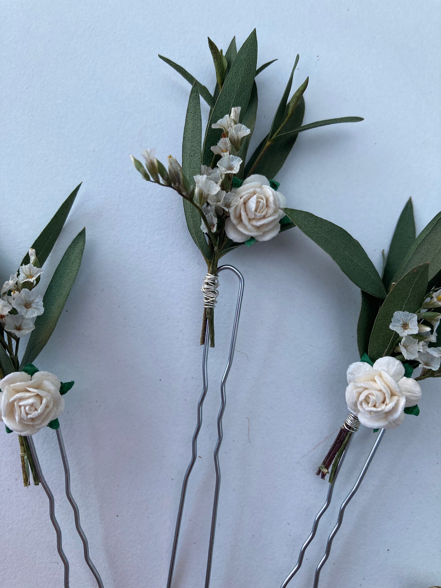 Dried Eucalyptus and White Flower Hair Pins