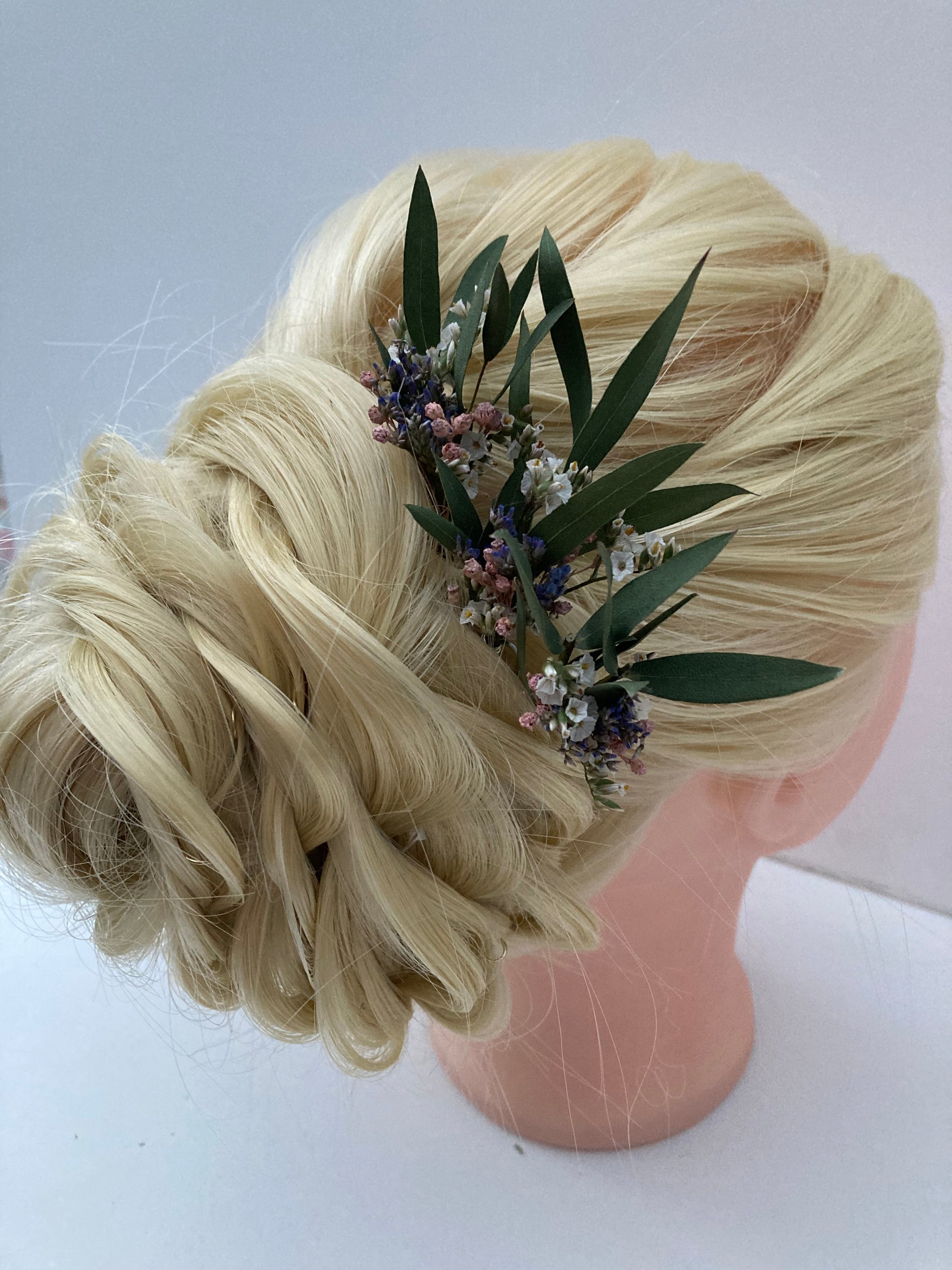 Dried eucalyptus with limonium flower hair pins, bridal wedding hairpiece