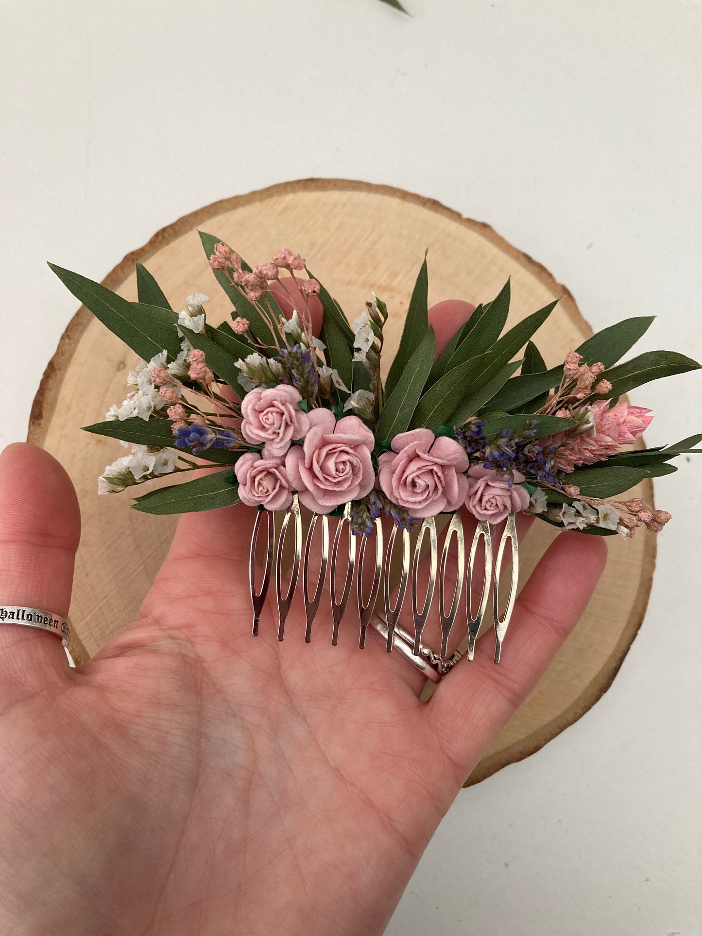 Dried Eucalyptus and Pink Flowers Hair Comb