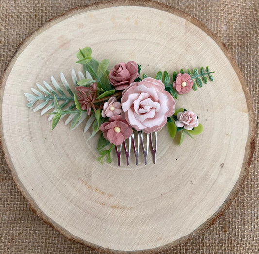 Blush and dusky pink flower hair comb 