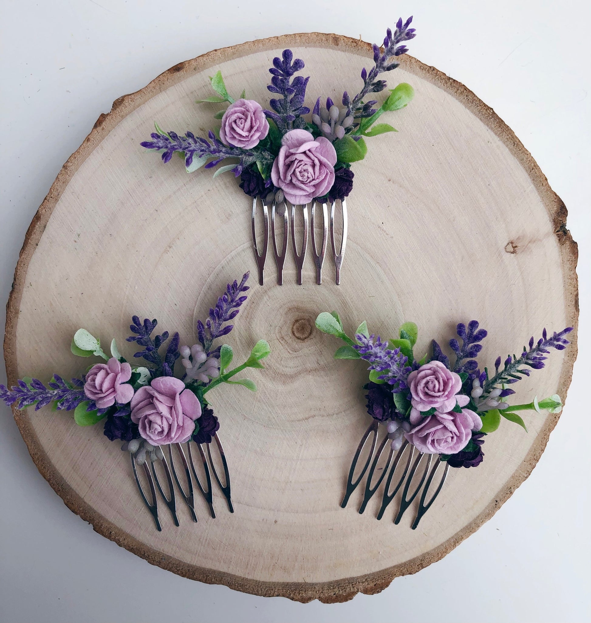 Purple and lilac flower hair comb 