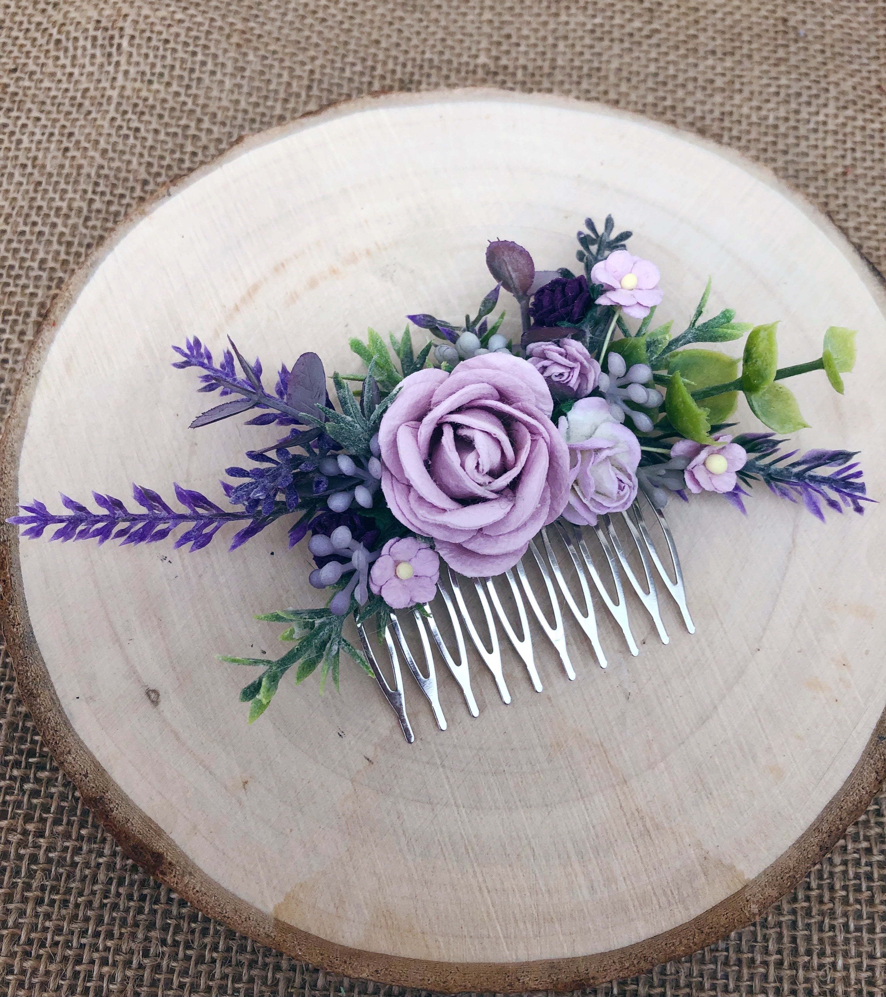 Lilac and purple lavender flower hair comb 