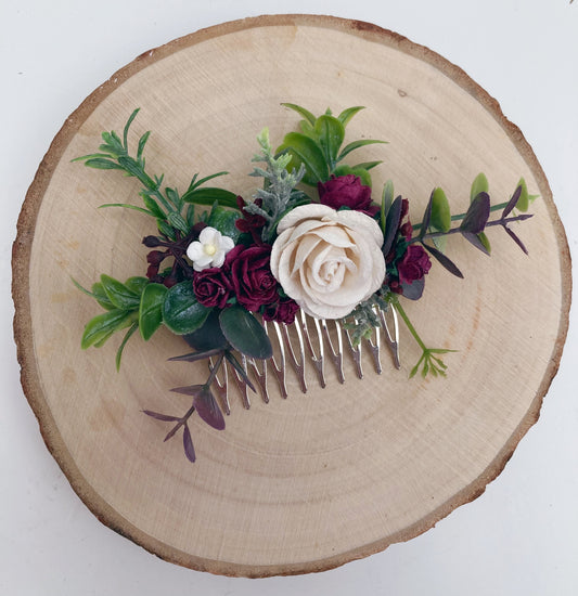 Burgundy flower hair comb 