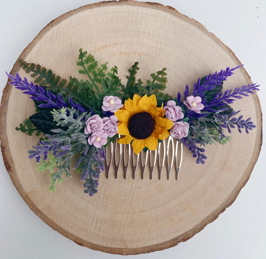 Sunflower and lavender flower hair comb 