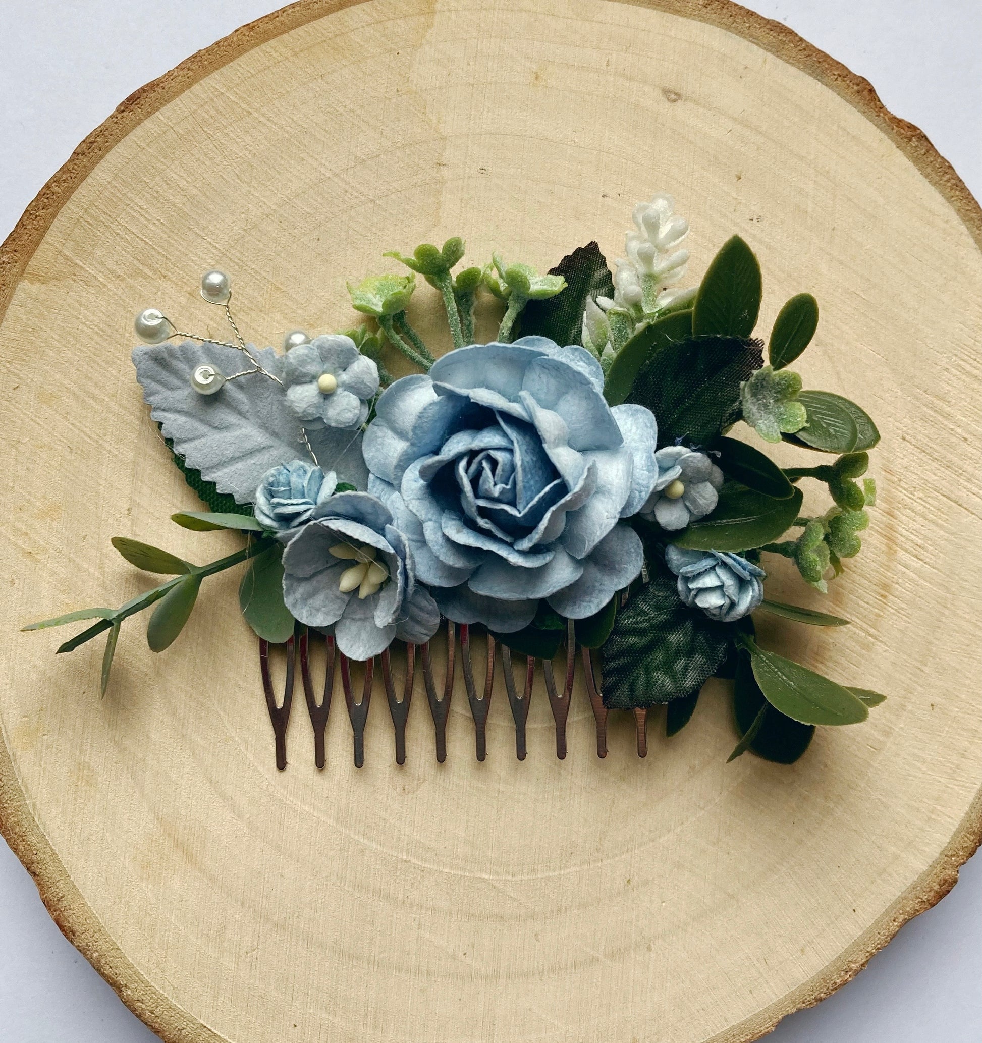 Dusky dusty blue bridal bridesmaid flower hair comb 
