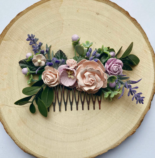 Blush and lilac wedding flower hair comb 