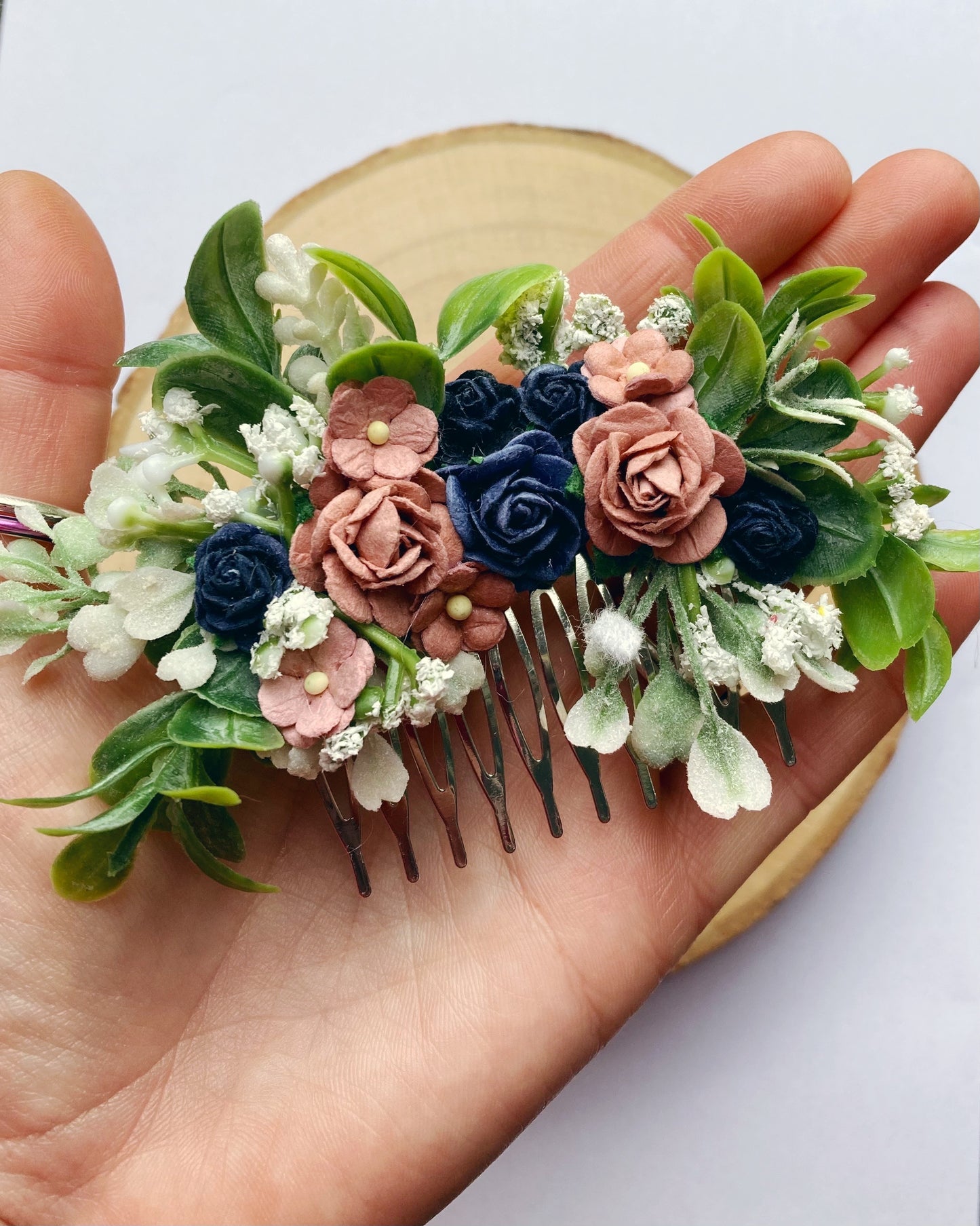 Dusky Pink And Navy Flower Hair Comb