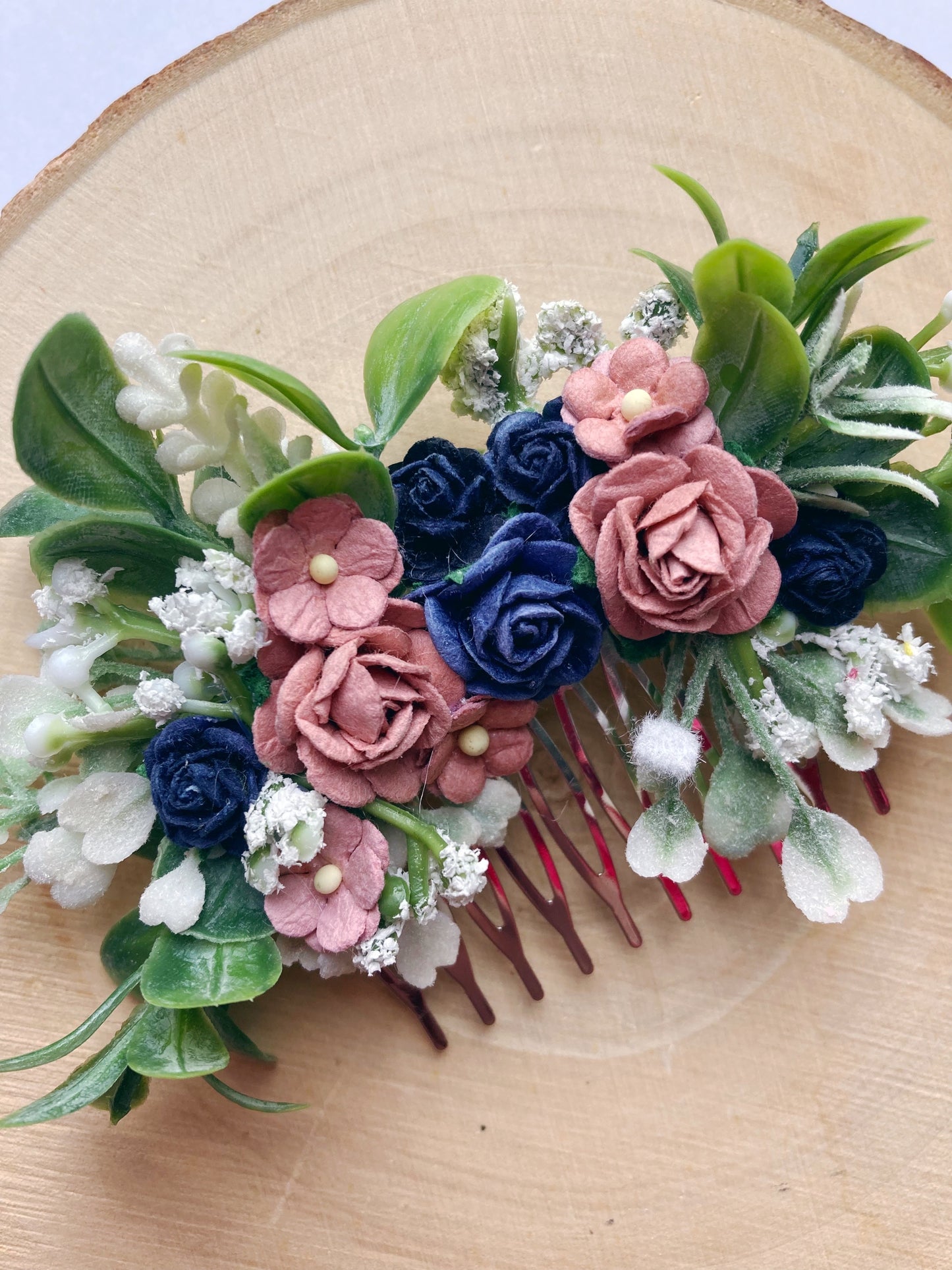 Dusky Pink And Navy Flower Hair Comb