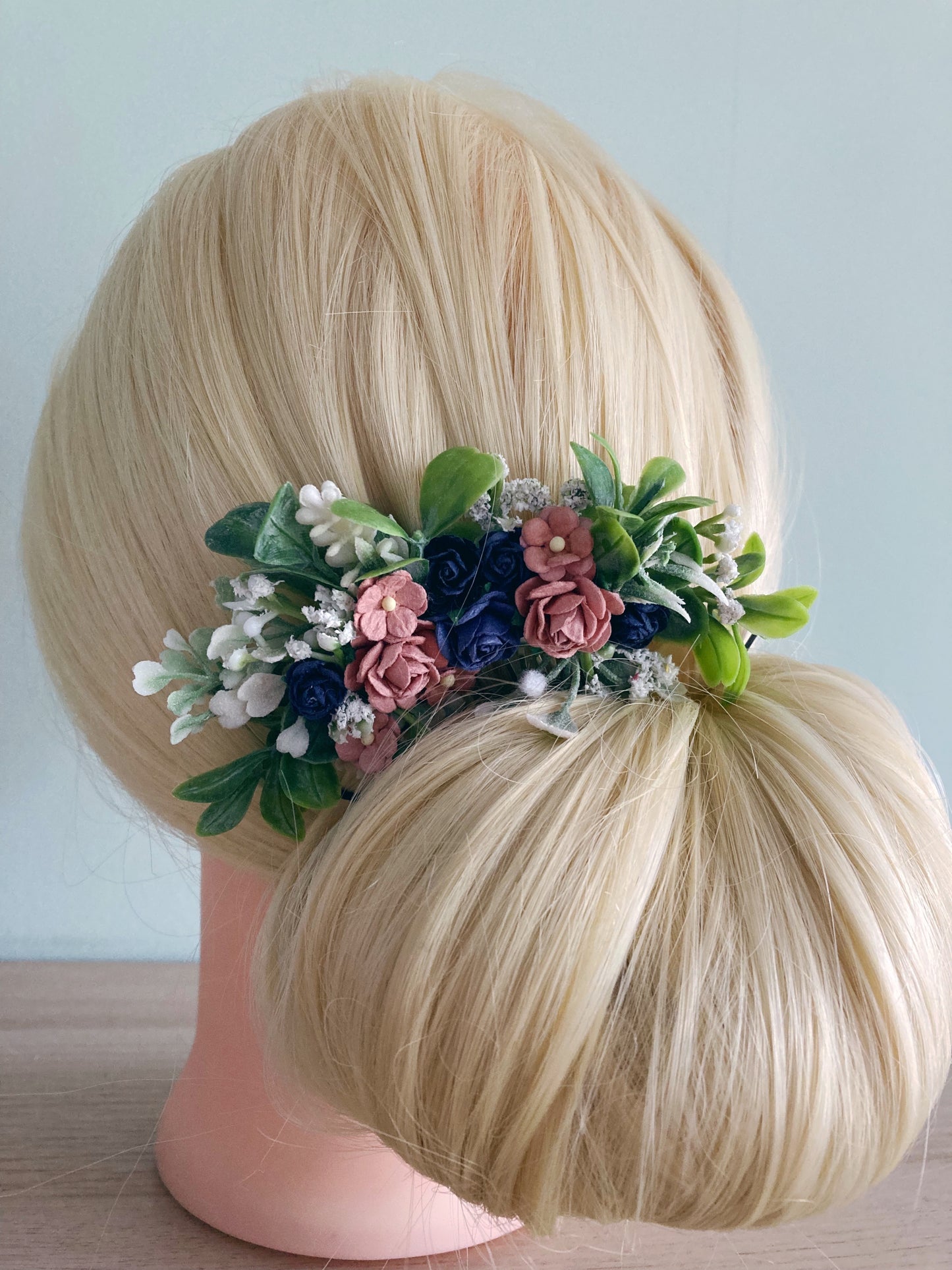 Dusky Pink And Navy Flower Hair Comb