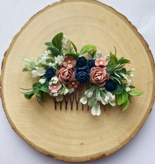 Dusky Pink And Navy Flower Hair Comb