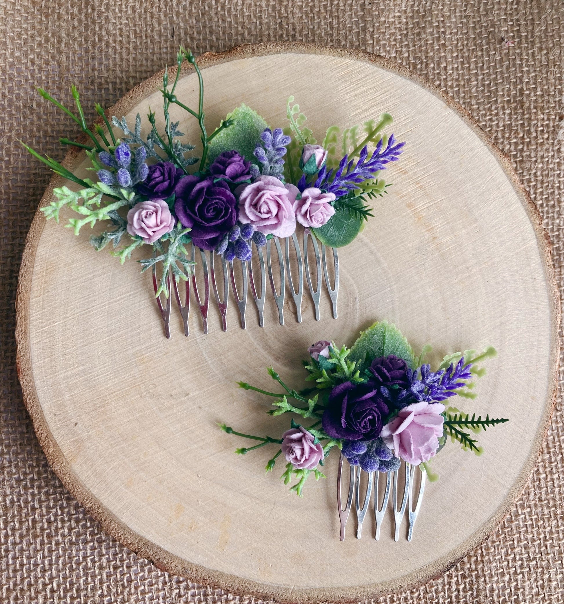 Purple and lilac flower hair comb 