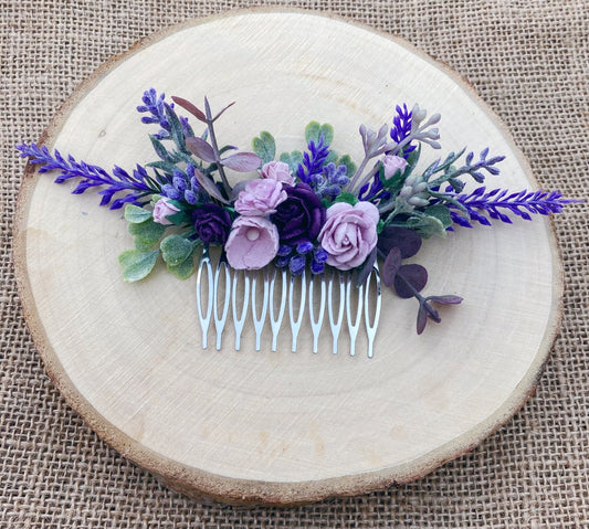 Lilac, purple and lavender flower hair comb