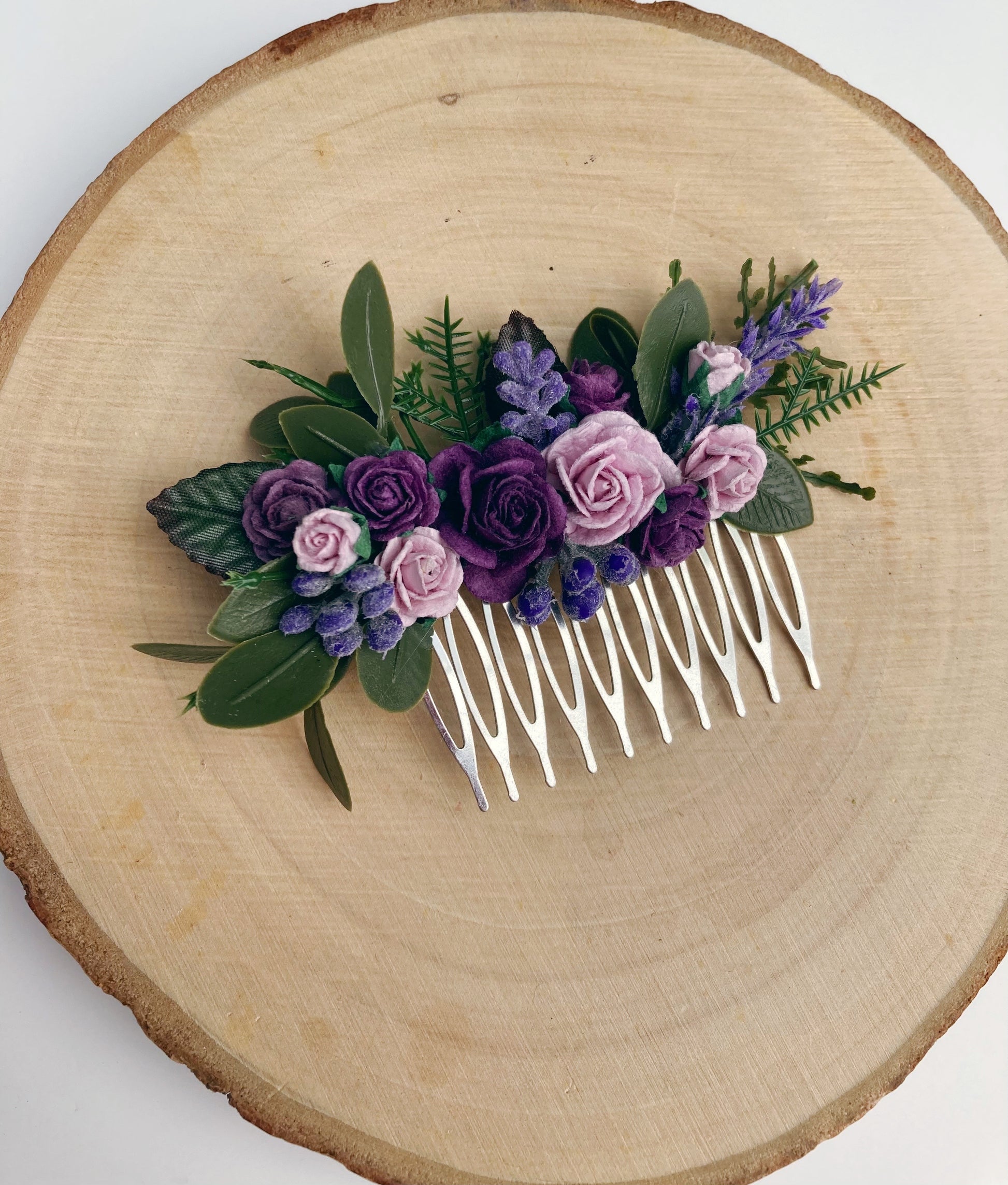 Purple and lilac flower hair comb 