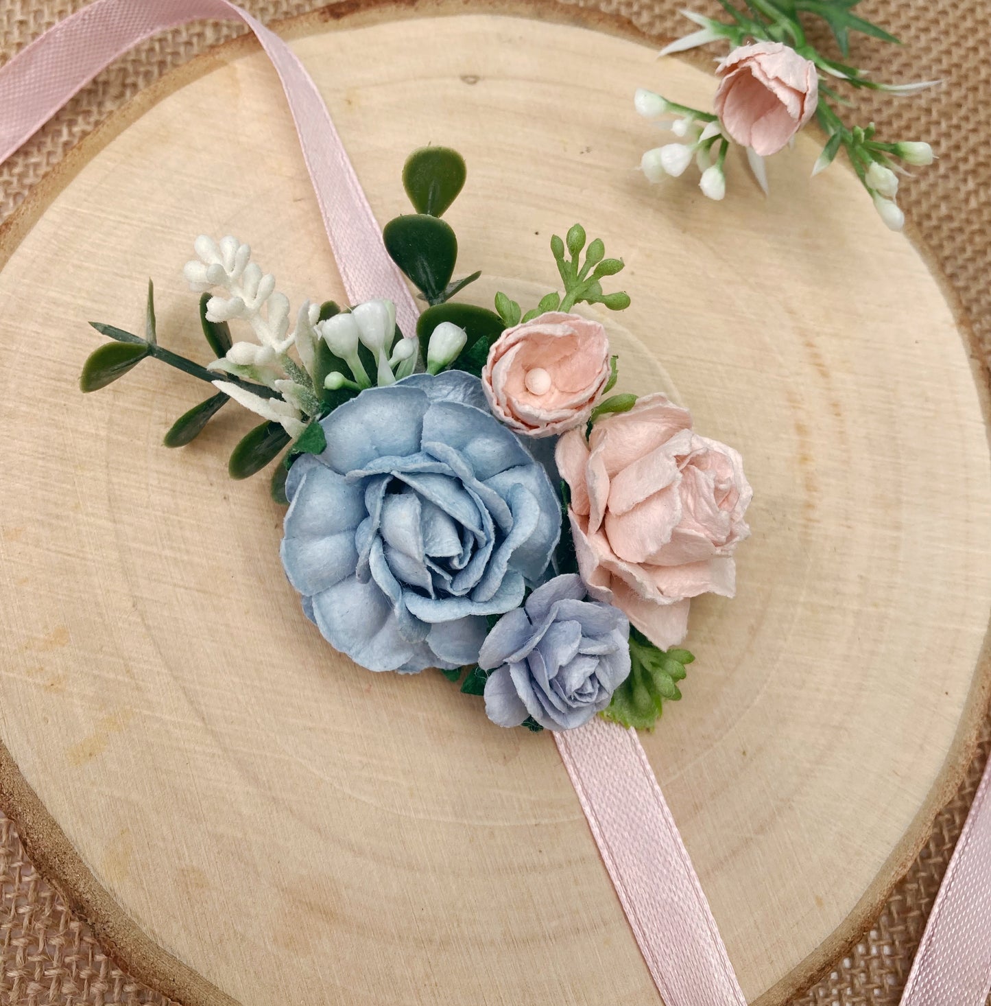 Blue and blush flower wrist corsage 