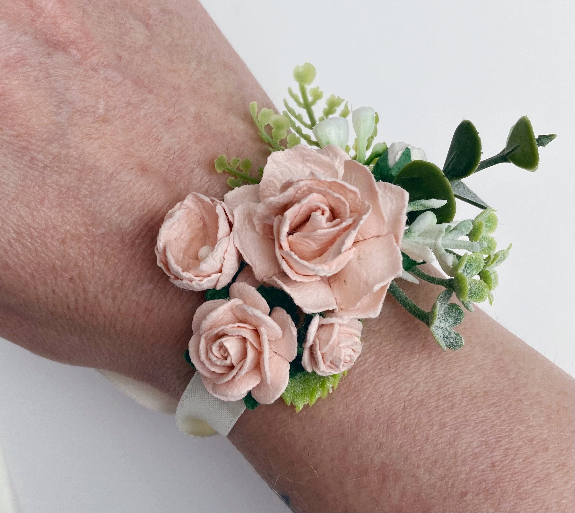 Blush pink flower wrist corsage 