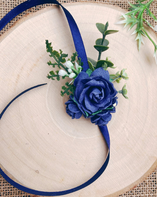 Navy flower wrist corsage 