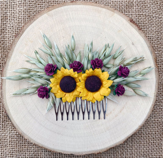 Sunflower dried flower hair comb 