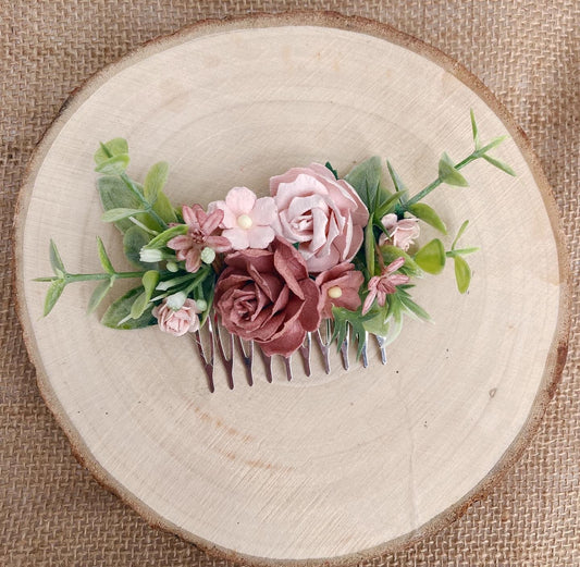 Dusky pink and blush pink bridal bridesmaid flower hair comb 