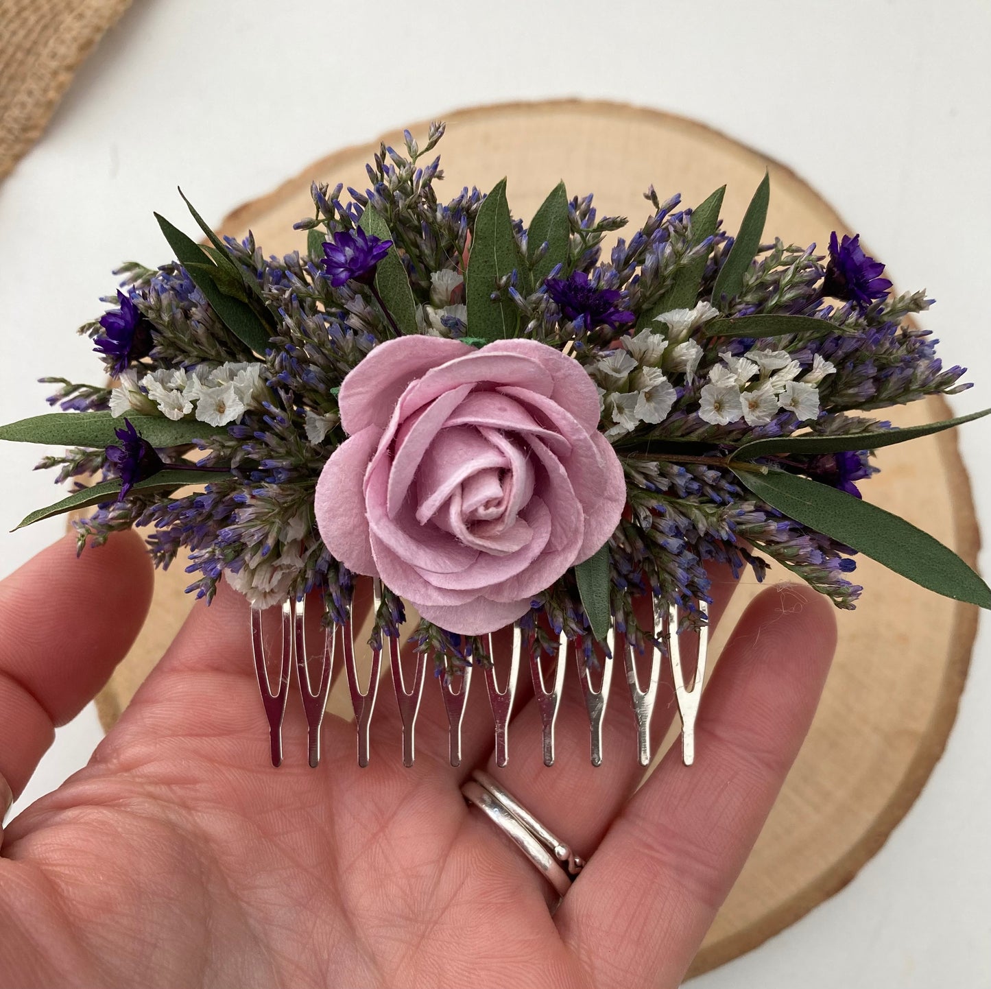 Dried Eucalyptus and Lilac Flower Hair Comb