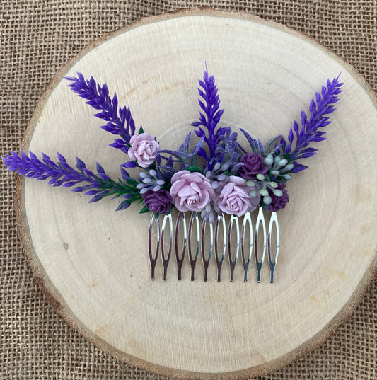 Lavender and lilac flower hair comb 