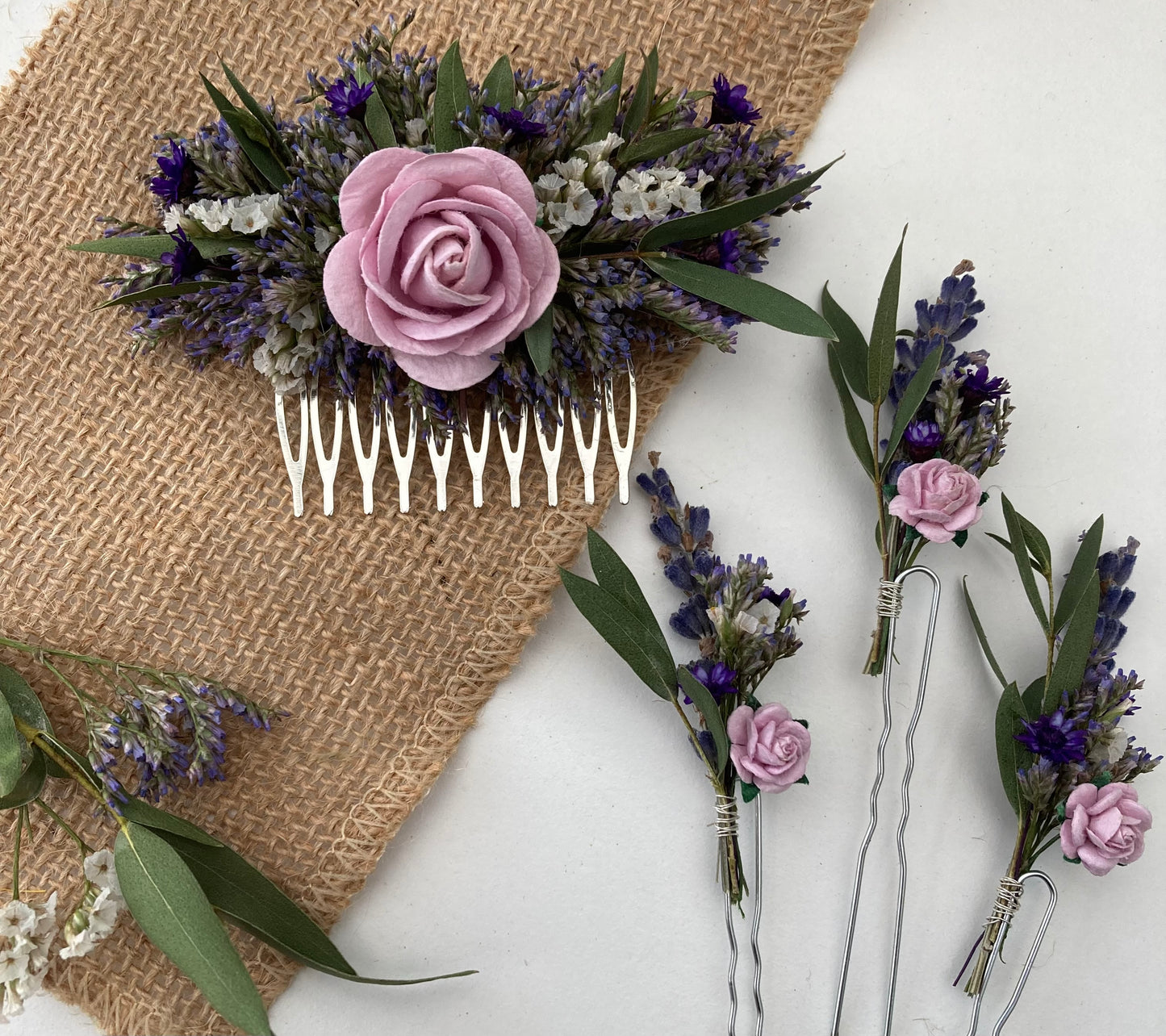 Dried Eucalyptus and Lilac Flower Hair Comb
