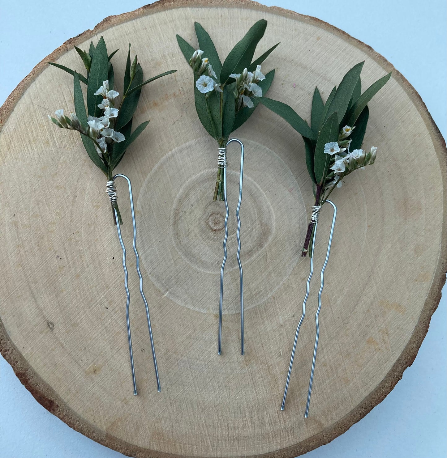 Dried Eucalyptus and White Flower Hair Pins