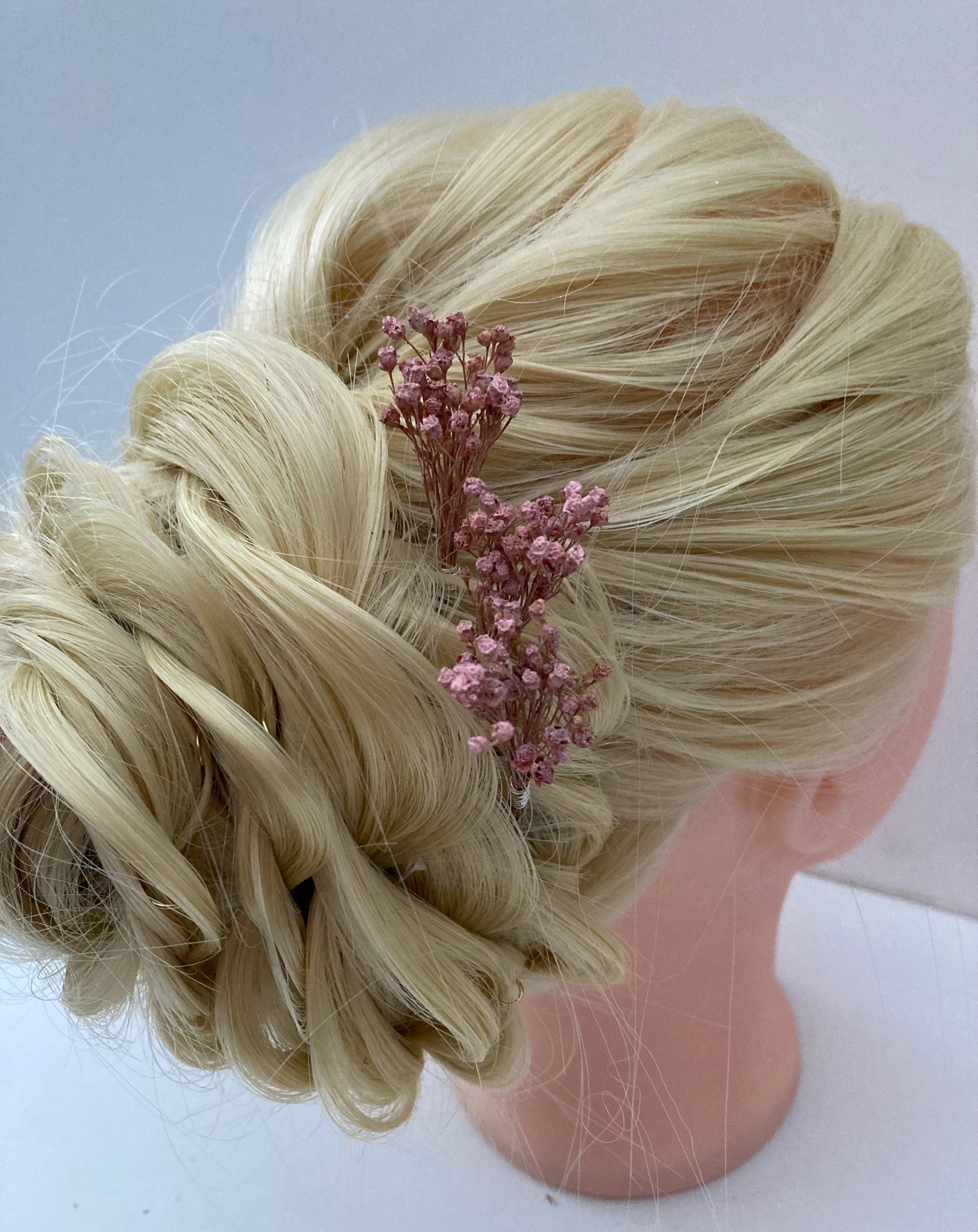 Pink dried flower hair pins, wedding bridal hairpiece 