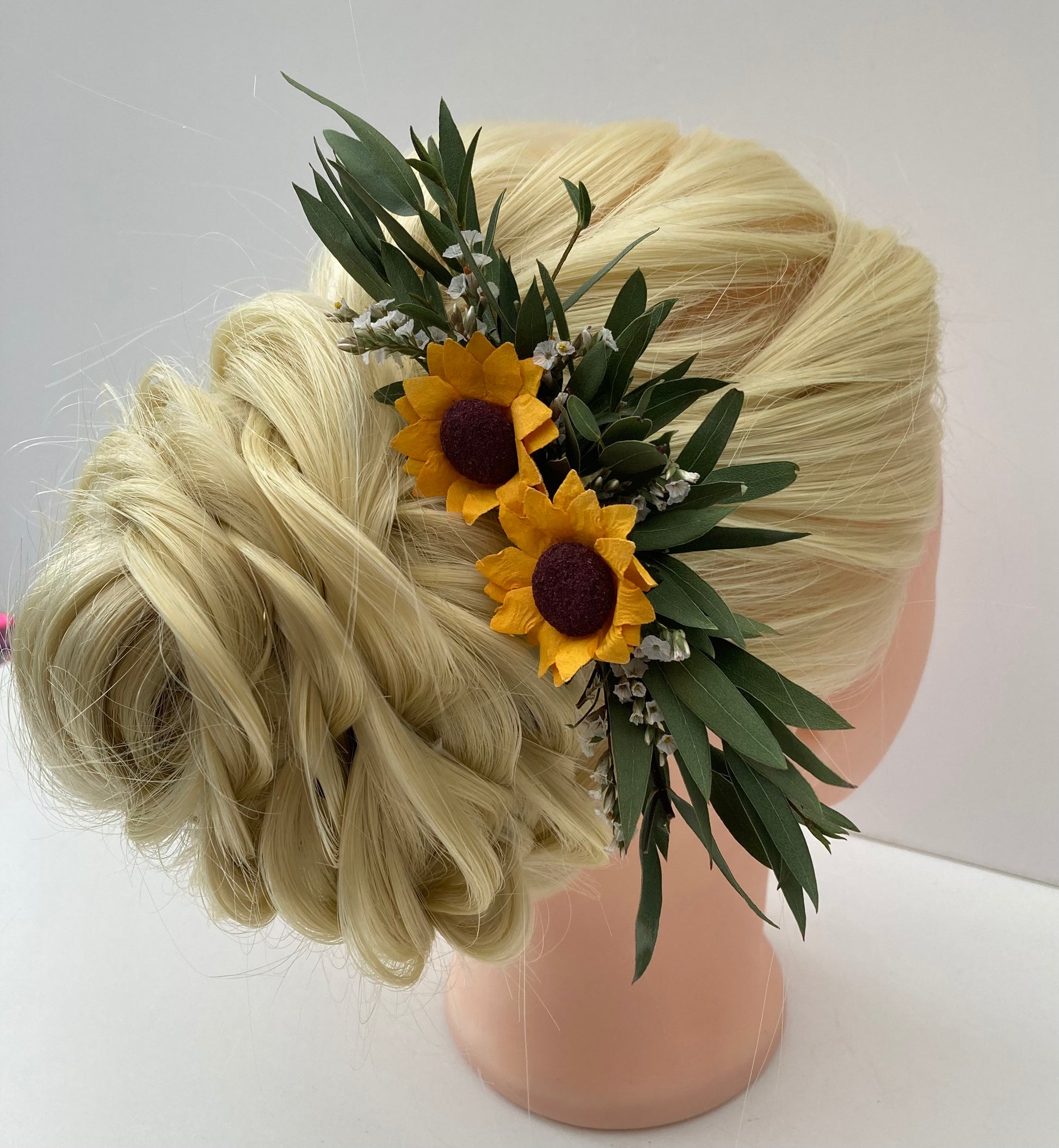 Dried eucalyptus and sunflower hair bridal hair comb 