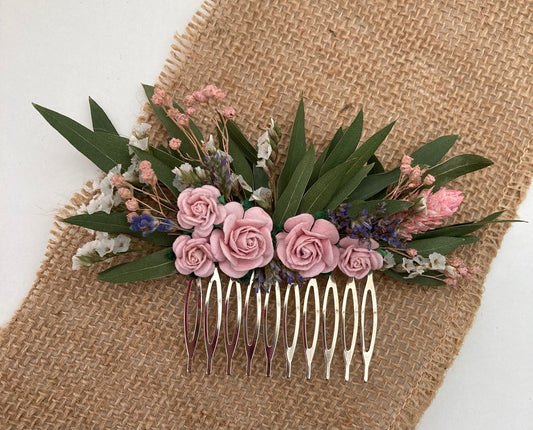 Pink dried flower hair comb with eucalyptus 