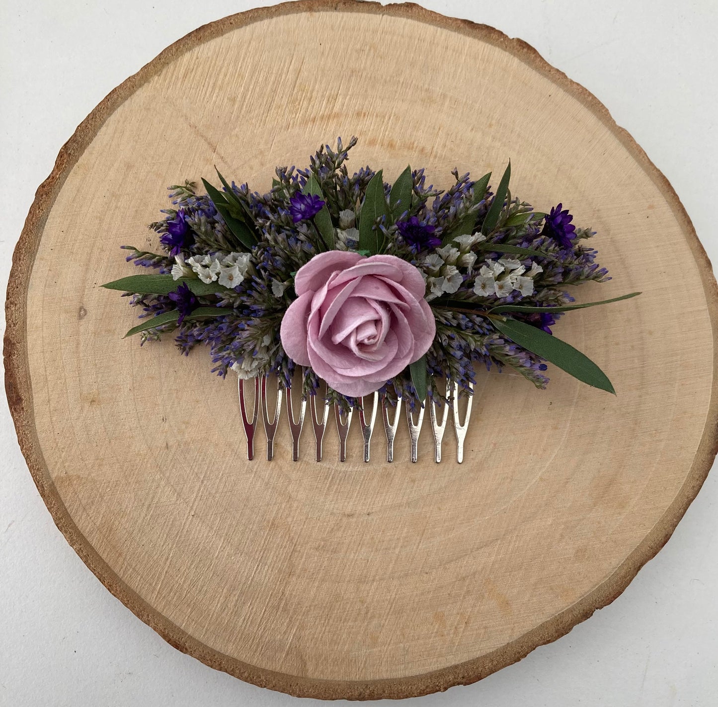 Dried Eucalyptus and Lilac Flower Hair Comb