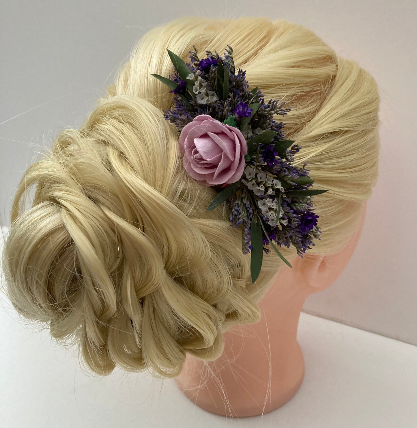 Dried eucalyptus and purple and white limonium, bridal  flower hair comb 