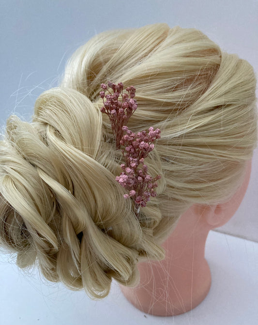 Pink dried flower hair pins, wedding bridal hairpiece 