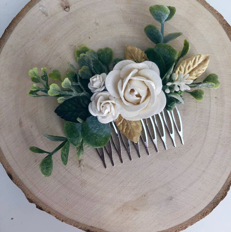 Ivory and gold bridal bridesmaid flower hair comb 