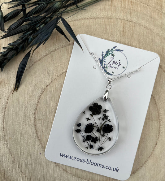 Black pressed flowers pendant