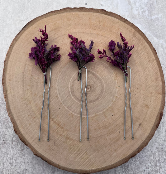 Purple dried flower hair pins