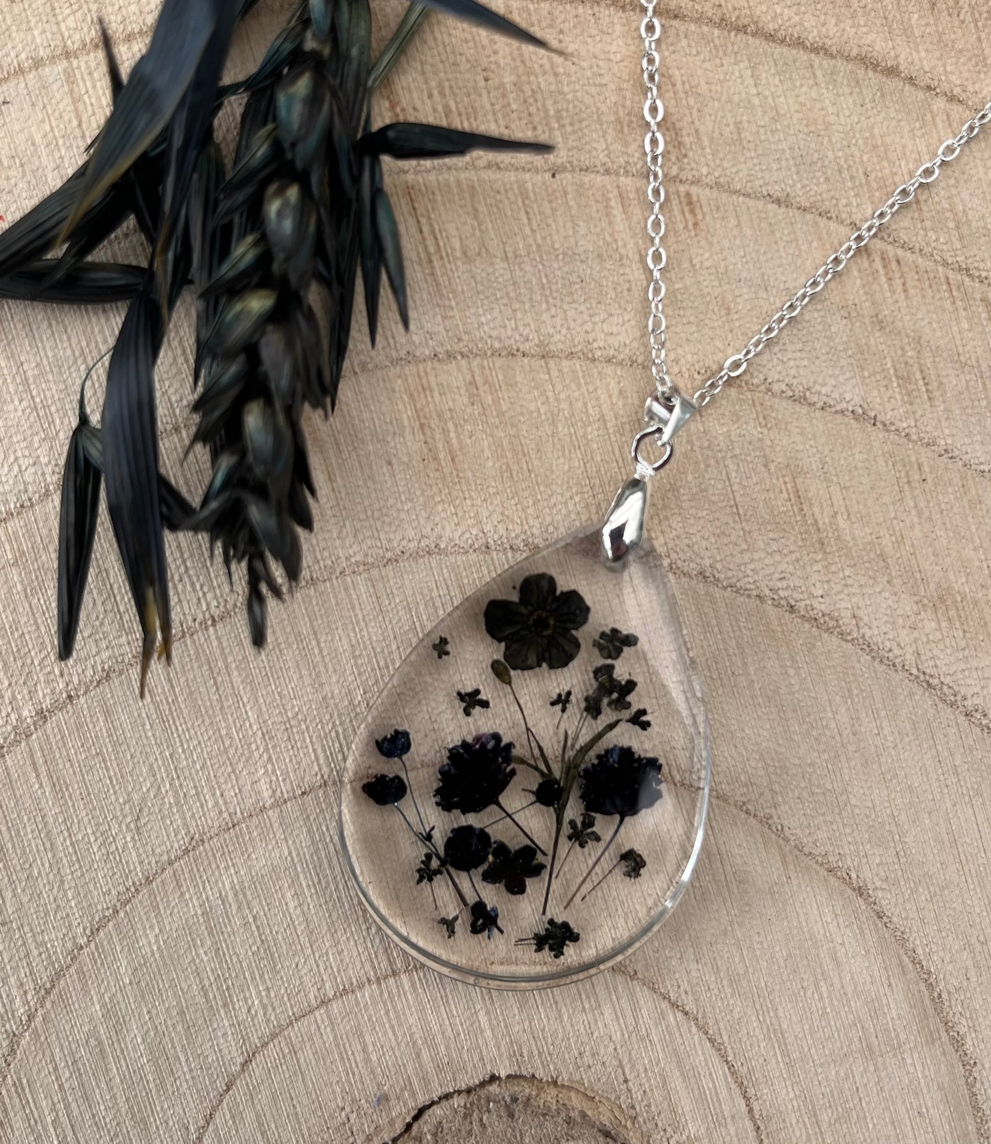 Black pressed flowers pendant