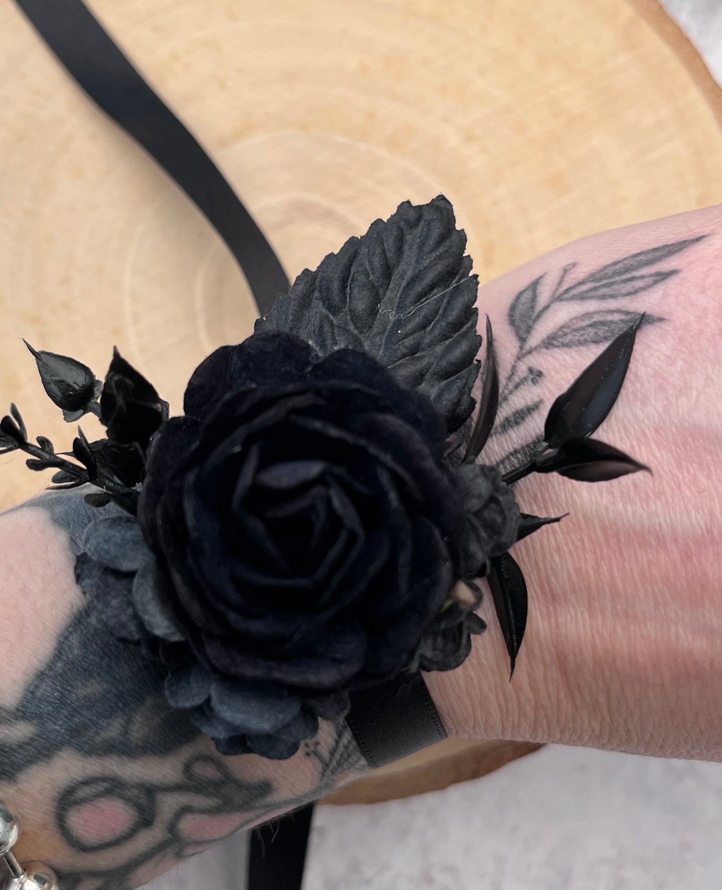 Black flower wrist corsage - for weddings and proms.